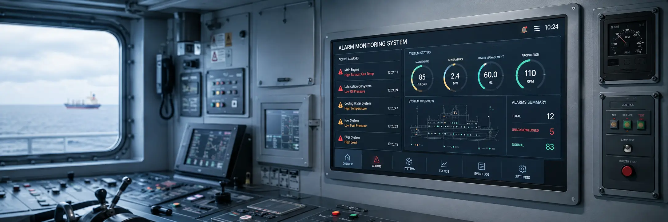 Alarm monitoring system display panel onboard a vessel